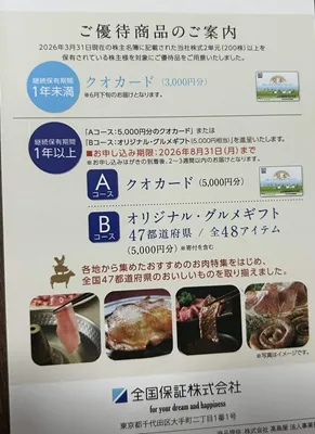 全国保証の株主優待で実際に届いた商品【2026年最新】